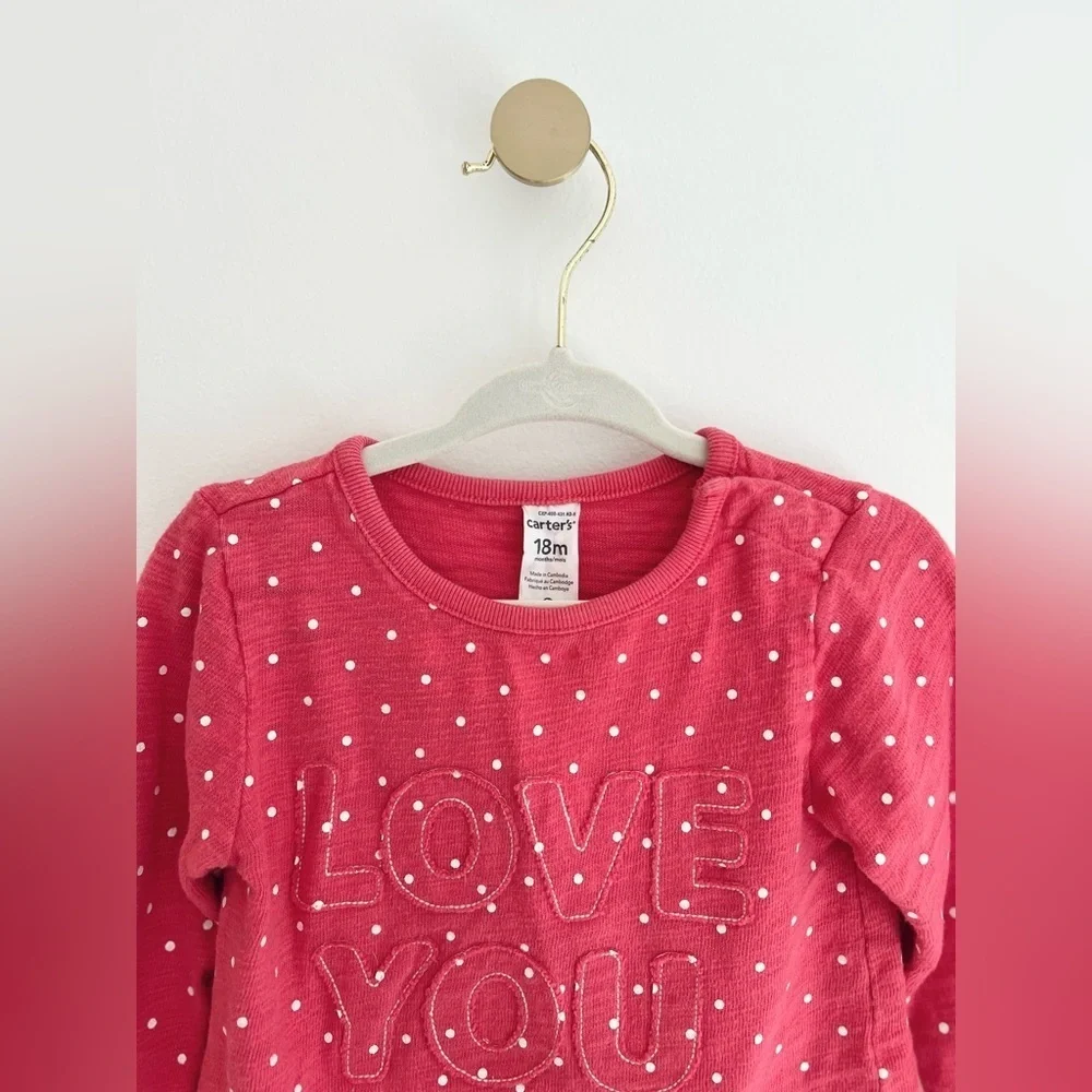 Carter's Baby Girl 18 Months Pink Polka Dot Long Sleeve Tee with LOVE YOU Design